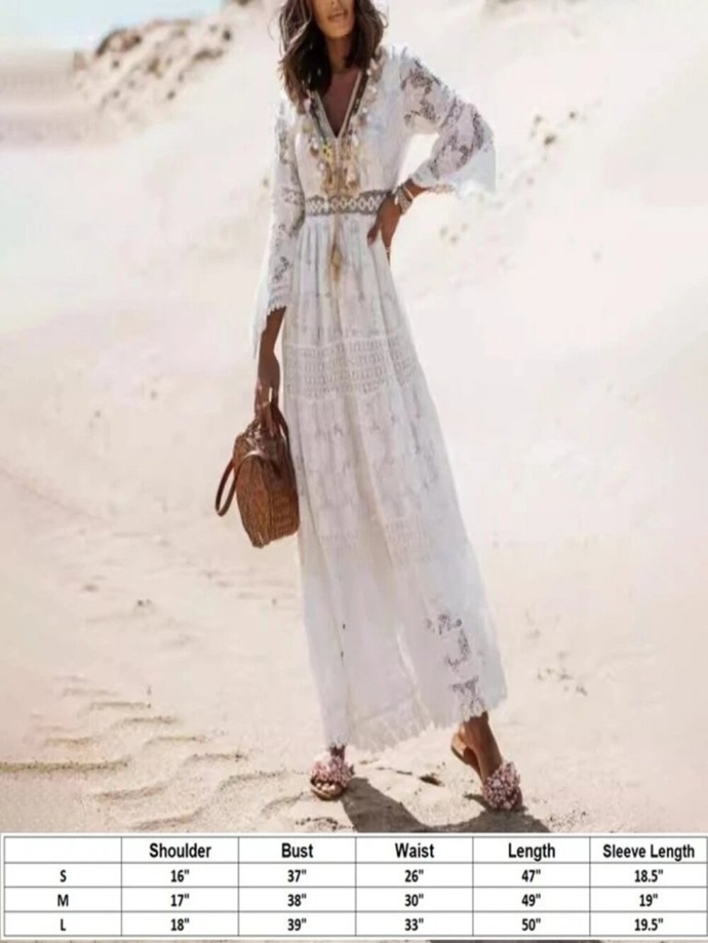 Women's Boho Maxi Lace V Neck Flare Sleeve Dress Summer Party Beach Sundress - Picture 2 of 5